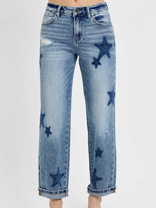The Boyfriend Star Shadow Detail Cuffed Jeans