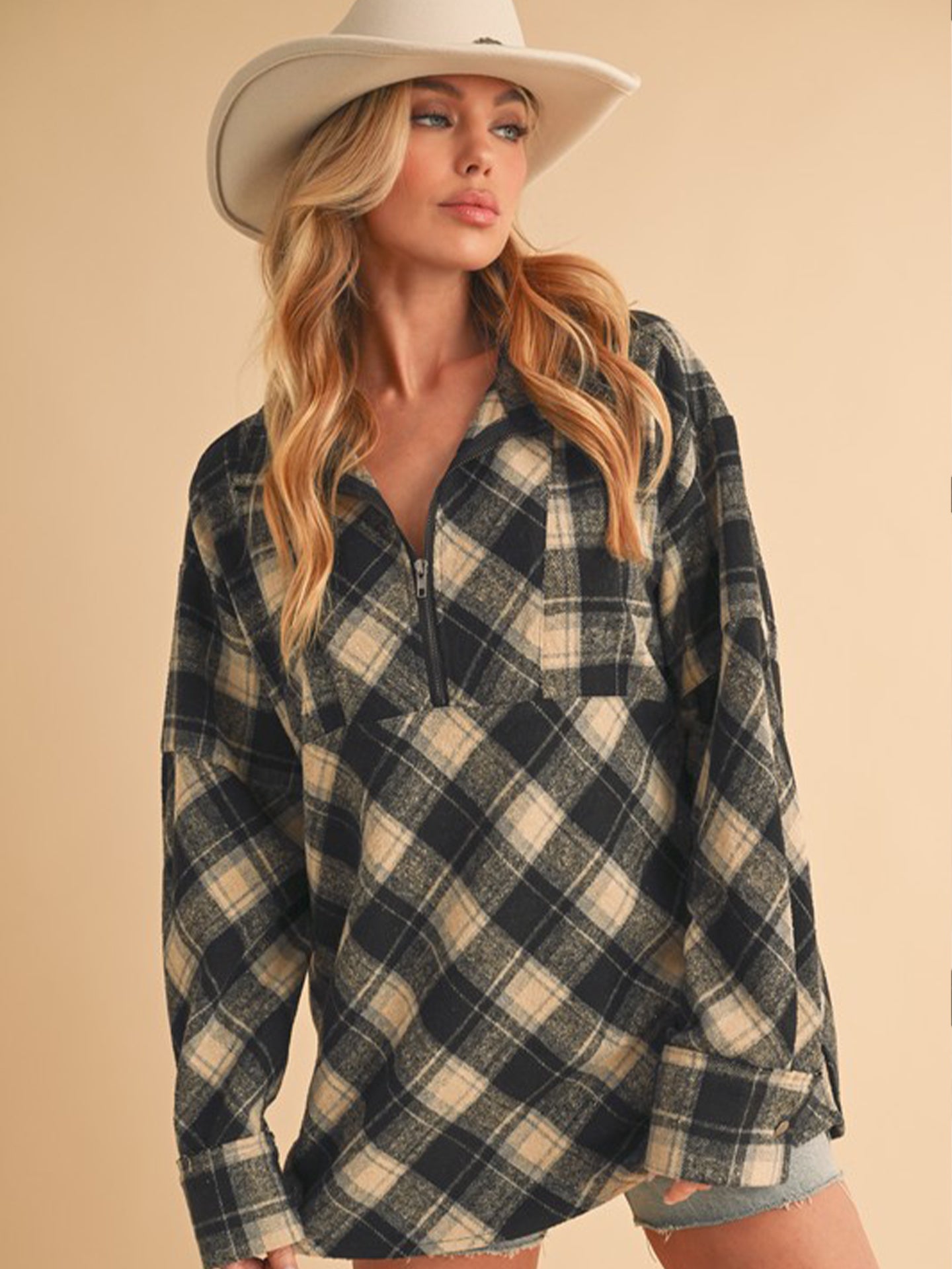 The Slit Plaid Half Zip Top