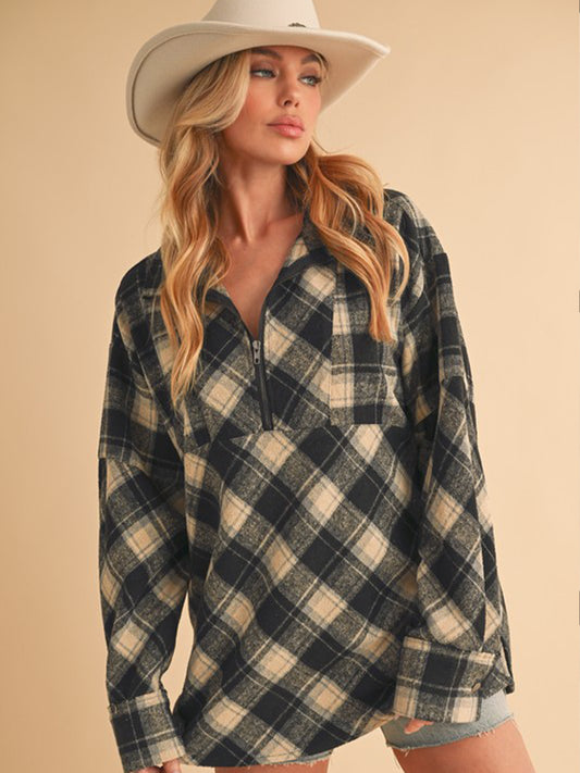 The Slit Plaid Half Zip Top